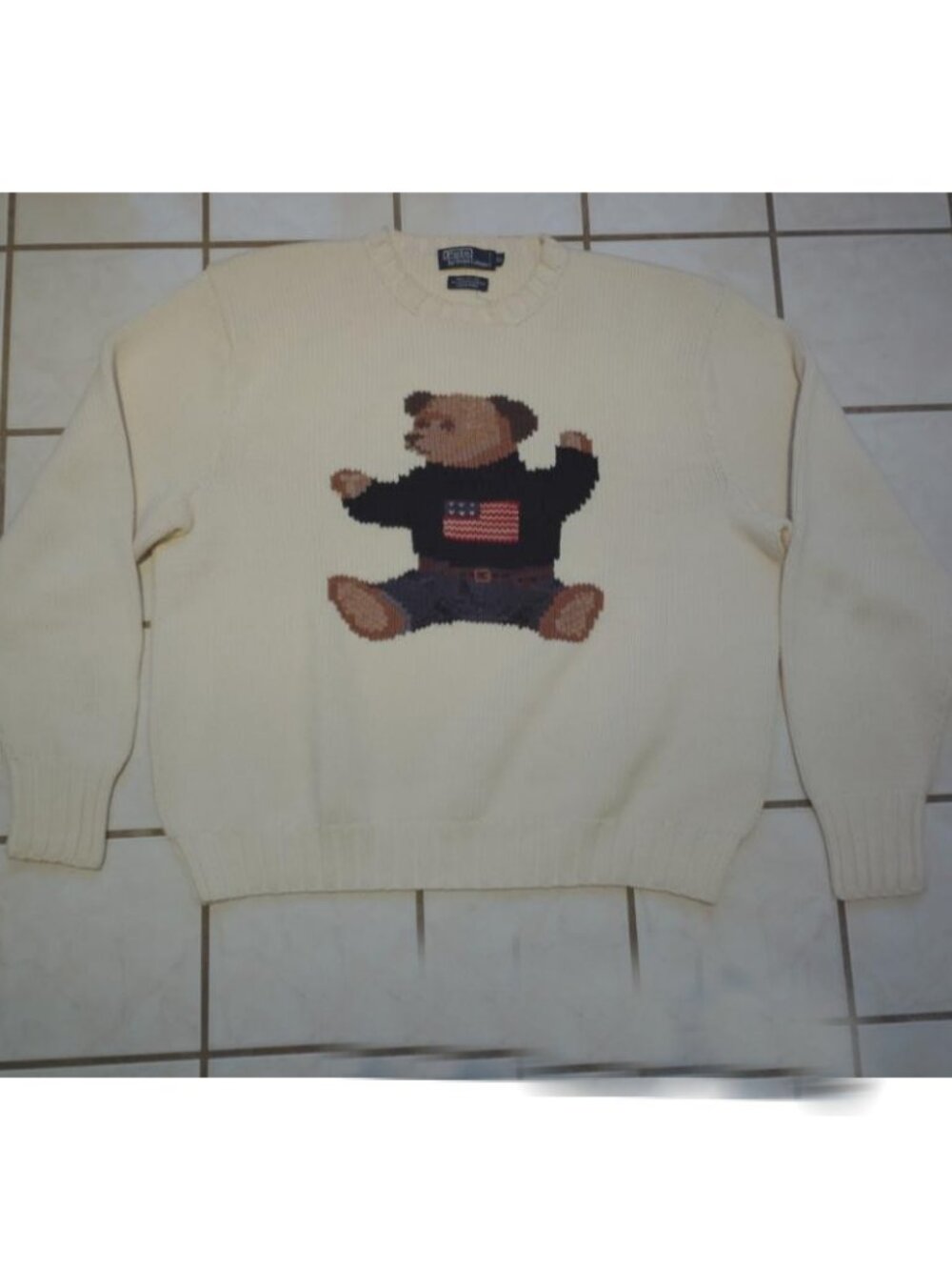 Vtg Polo Ralph Lauren Hand Knit Ivory Sweater Sit Down Polo Bear USA Flag sz XL